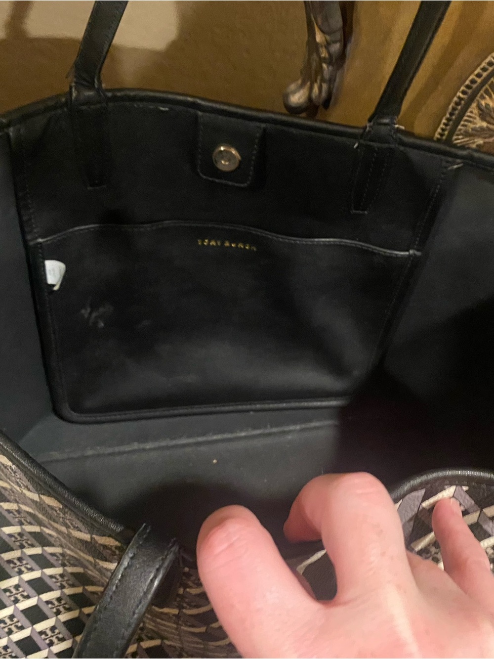 Tory Burch Black, Gray and Cream Monogram Stripe Tote - Picture 2 of 7